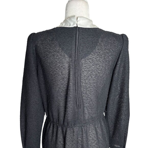 Vintage 70s Long Sleeve Knit Dress Medium Sheer Black Peter Pan Collar Zipper - Picture 4 of 9